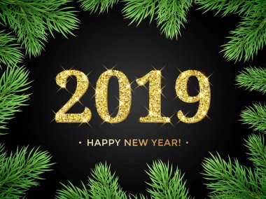 Mutlu yeni yıl 2019 glitter altın siyah arka plan üzerinde Noel ağacı çerçevede. Vektör altın ışıltılı metin ışıltı konfeti parlaklık için tatil tebrik kartı