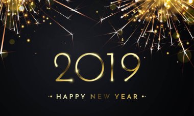 Mutlu yeni yıl altın havai fişek. Vektör altın ışıltılı metin ve ışıltı Parlatıcı tatil tebrik kartı için sayılarla 2019