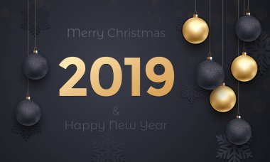 2019 mutlu yeni yıl tebrik kartı altın top dekorasyon siyah vektör sigorta primi kar taneleri arka plan üzerinde Noel tatil kutlaması için ışıltılı glitter ile