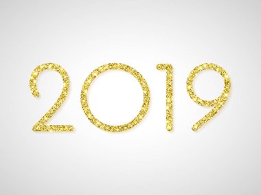 Altın glitter 2019 mutlu yeni yıl tebrik kartı. Parlak ışık beyaz parlak zemin üzerinde Noel tatil kutlaması için vektör