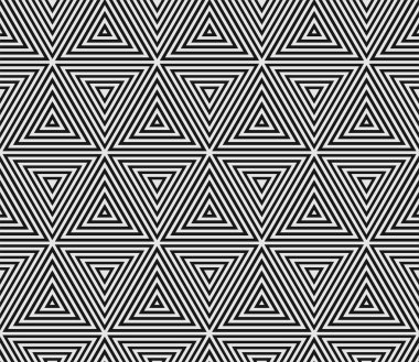 Soyut geometrik desen. Vektör siyah arka planının kesintisiz üçgen mozaik kılavuz çizgileri beyaz Bauhaus rhombus desenli