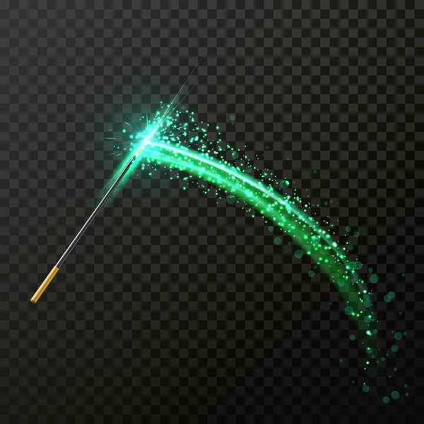 魔法の杖魔法の輝きキラキラ光跡トレース キラキラと輝く透明な背景には スパッタを緑ベクトル 魔法の妖精ジェスチャー スペル波 — ストックベクタ