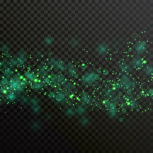 绿色微粒轻或闪闪发光闪光和彗星足迹 有光泽的五彩纸屑的矢量闪光波与散景模糊效应的透明背景 — 图库矢量图片
