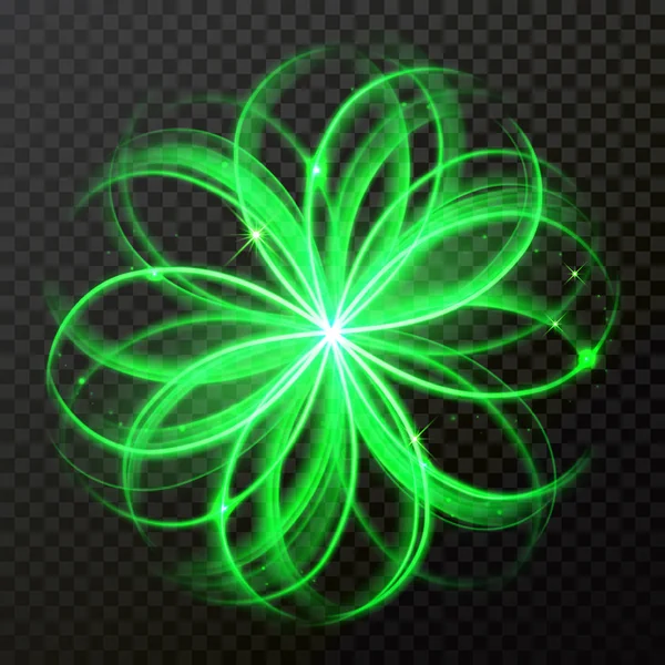 緑の輝き光の円または星の花グロー効果とスピン回転 ベクトル抽象的な光沢のあるトレースまたはネオン輝き輝きのスパイラル トレイル — ストックベクタ