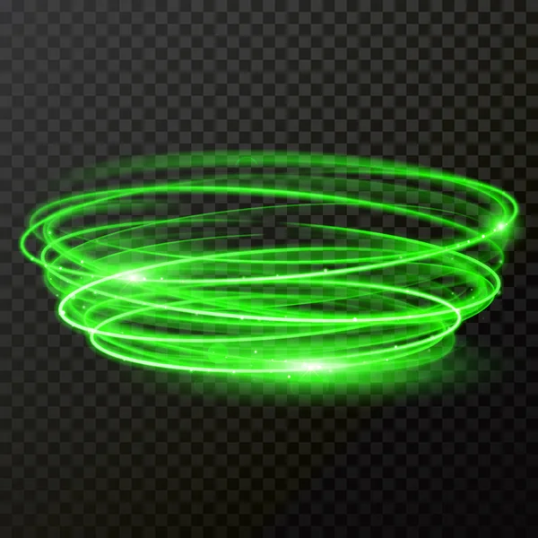 绿色霓虹灯旋转圆圈矢量闪亮的痕迹或螺旋轨迹 闪光效果 — 图库矢量图片