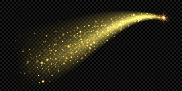 ゴールドのキラキラ星屑魔法トレイル スパーク ライト クリスマス トレイル ウェーブと光る黒の透明な背景の星の輝き ベクトルきらびやかな彗星 — ストックベクタ