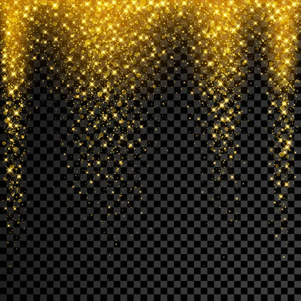 Gouden Glitter Kerst Confetti Transparante Achtergrond Vector Sterren Schitteren Regen — Stockvector