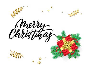 Neşeli Noel altın hat yazı ve Xmas altın yıldız dekorasyon. Beyaz arka plan tasarım şablonunda vektör Xmas ağacı dalı süsler