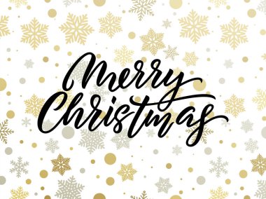 Neşeli Noel altın ve gümüş kar tanesi arka plan desen. Vektör Noel tebrik kartı hat yazı ve altın konfeti tasarım