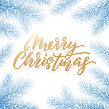 Beyaz zemin üzerine altın Noel metin kartı. Mavi Noel ağaçlar dallar kar yağdı, vektör altın Xmas tatil calligrpahy