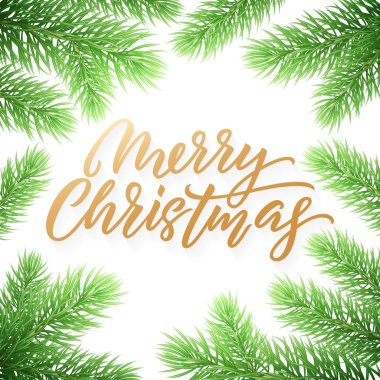 Altın Christmas metin kart yeşil Noel beyaz zemin üzerine dalları ağaçları. Altın Christmas metin