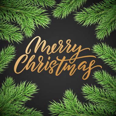 Altın Christmas metin kart yeşil Noel siyah zemin üzerine dalları ağaçları. Altın Christmas metin
