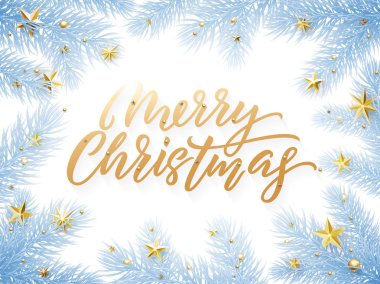 Altın Christmas metin kart mavi Noel kar beyaz zemin üzerine dalları ağaçları. Altın christmas dekorasyon metin
