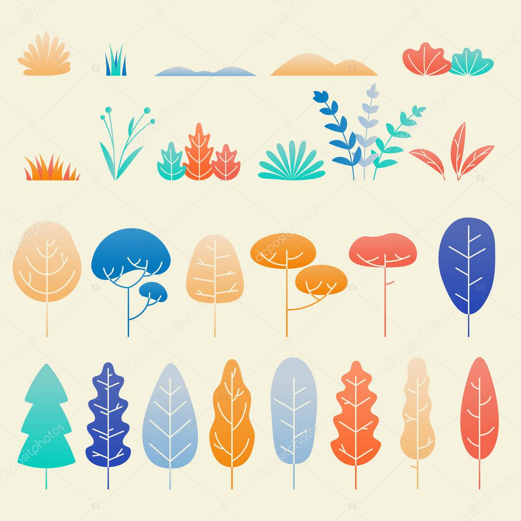 Leaves flat design isolated set. Vector autumn tree leaf, plant twigs and flowers for fall nature flat illustration elements design