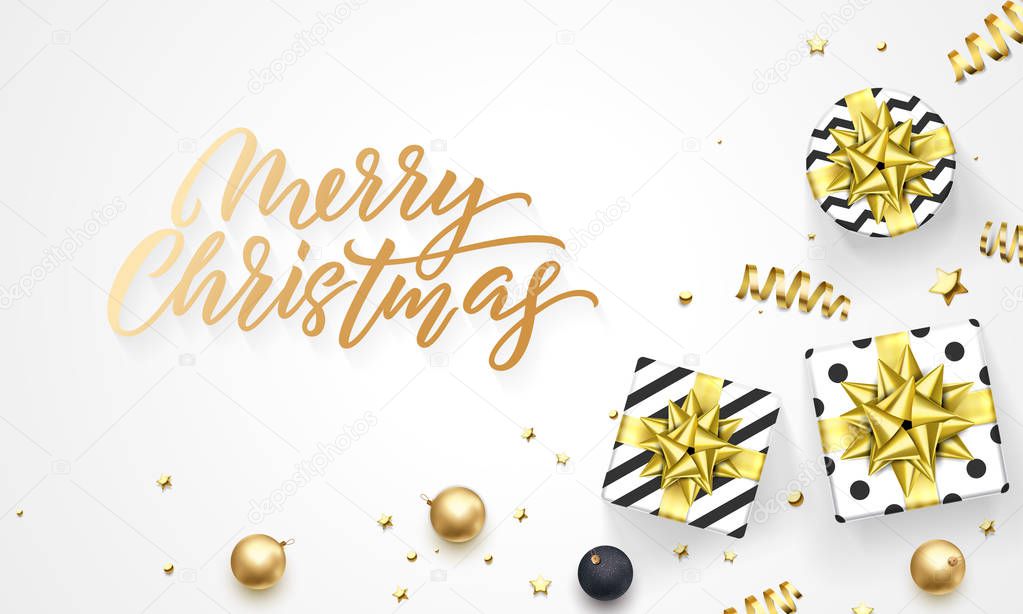 Merry Christmas gold background template of golden decoration and hand drawn calligraphy font. Vector gift golden ribbon bow or gold confetti for Christmas party white greeting card