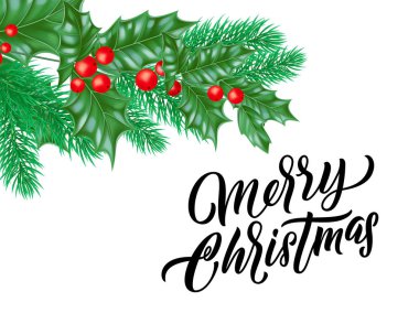 Neşeli Noel hat yazı ve Xmas tatil holly dekorasyon ağaç. Vektör Noel tatil tebrik kartı