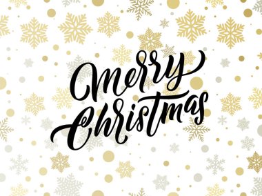 Neşeli Noel altın ve gümüş kar taneleri desen. Vektör Noel tebrik kartı hat yazı ve altın konfeti arka plan