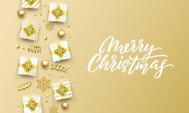 Neşeli Noel altın tebrik kartı altın hediyeler, yıldız konfeti ve kar taneleri. Vektör sigorta primi Noel tasarım şablonu, altın arka plan üzerinde metin yazı hat