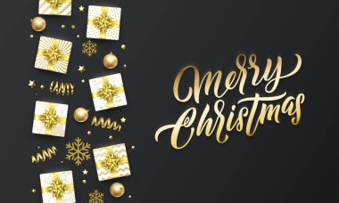 Sigorta primi siyah arka plan üzerinde neşeli Noel altın tebrik kartı. Vektör Noel hat yazı, hediyeler, kar taneleri ve altın parlak yıldız