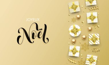 Sigorta primi arka plan üzerinde Joyeux Noel Merry Christmas altın tebrik kartı. Vektör Noel Fransız Noel hat yazı, hediyeler ve altın parlak yıldız veya kar taneleri