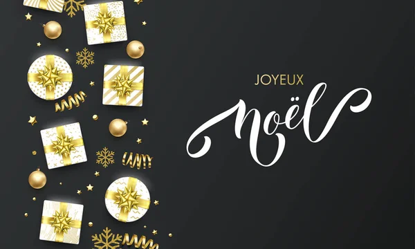 Joyeux Noel Francés Feliz Navidad Tarjeta Felicitación Oro Sobre Fondo — Vector de stock