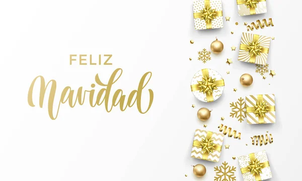 Feliz Navidad Feliz Navidad Tarjeta Felicitación Española Dorada Regalos Oro — Vector de stock