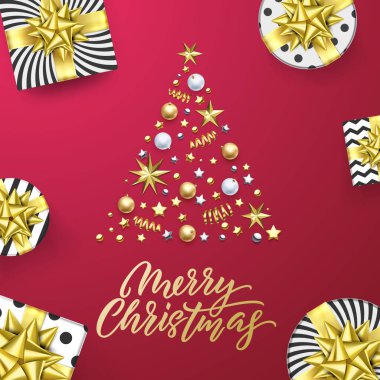 Neşeli Noel altın tebrik kartı pembe arka plan. Vektör Xmas ağacı altın hediyeler, metin hat ve gümüş parlak süslemeleri konfeti yıldız