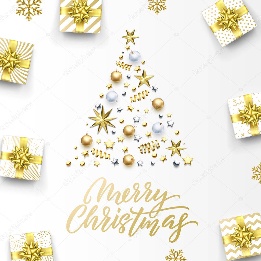 Merry Christmas golden greeting card, Xmas tree gold gifts and calligraphy text. Vector golden snowflakes, stars confetti on silver sparkling decorations background