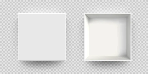 Caixa branca mock up vetor 3D modelo vista superior. Modelo de maquete de caixa de papel de papelão aberto realista em branco isolado —  Vetores de Stock