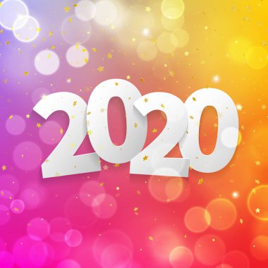 2020 Noel tatili kutlama arka plan için altın yıldız glitter ve vektör pembe renk konfeti bokeh ışıkları ile Happy New Year tebrik kartı