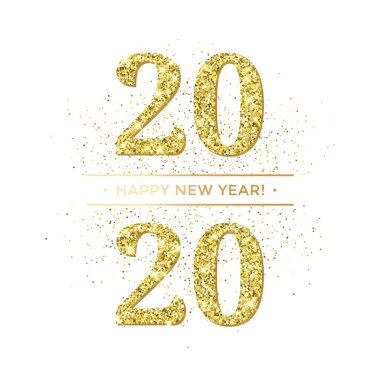 Glitter altın konfeti veya ışıltı havai fişek Happy Year. Vektör 2020 yeni yıl tatil prim beyaz tebrik kartı için ışıltı lı parlak metin
