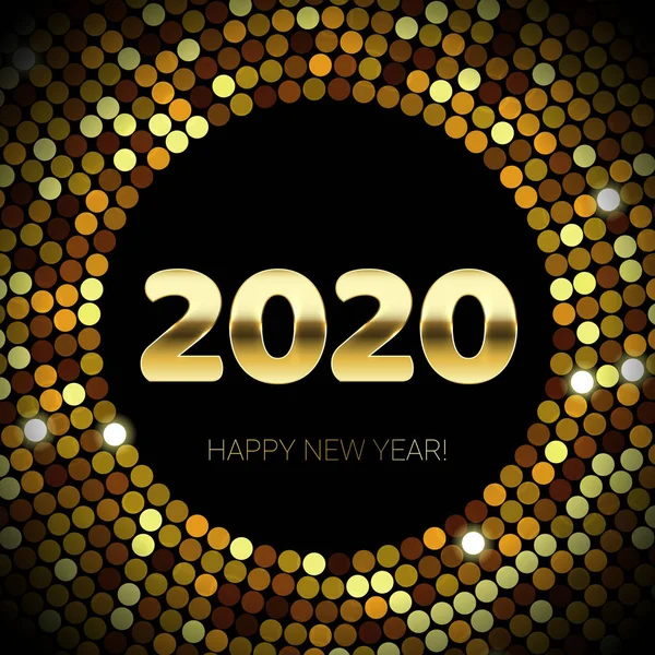 2020 Happy New Year of gold glitter and sequins confetti circle. Vector golden glittering text and numbers with sparkle shine for Christmas holiday greeting card on black background