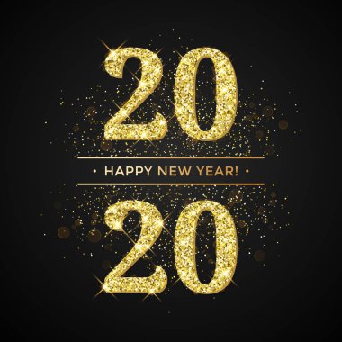 Glitter altın konfeti veya ışıltı havai fişek Happy Year. Vektör 2020 yeni yıl tatil prim siyah tebrik kartı için ışıltı lı parlak metin