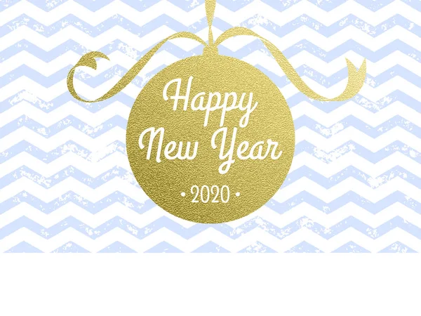 Happy New Year 2020 vector greeting card of vector Christmas tree gold foil decoration on white zig zag stripe pattern background — Stock Vector