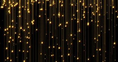 Altın yağmur, altın parıltı parçacıkları düşüyor. Altın iplikler üzerinde parlayan ışıklar, parlak parlak ışık ve parlak parçacıklar.