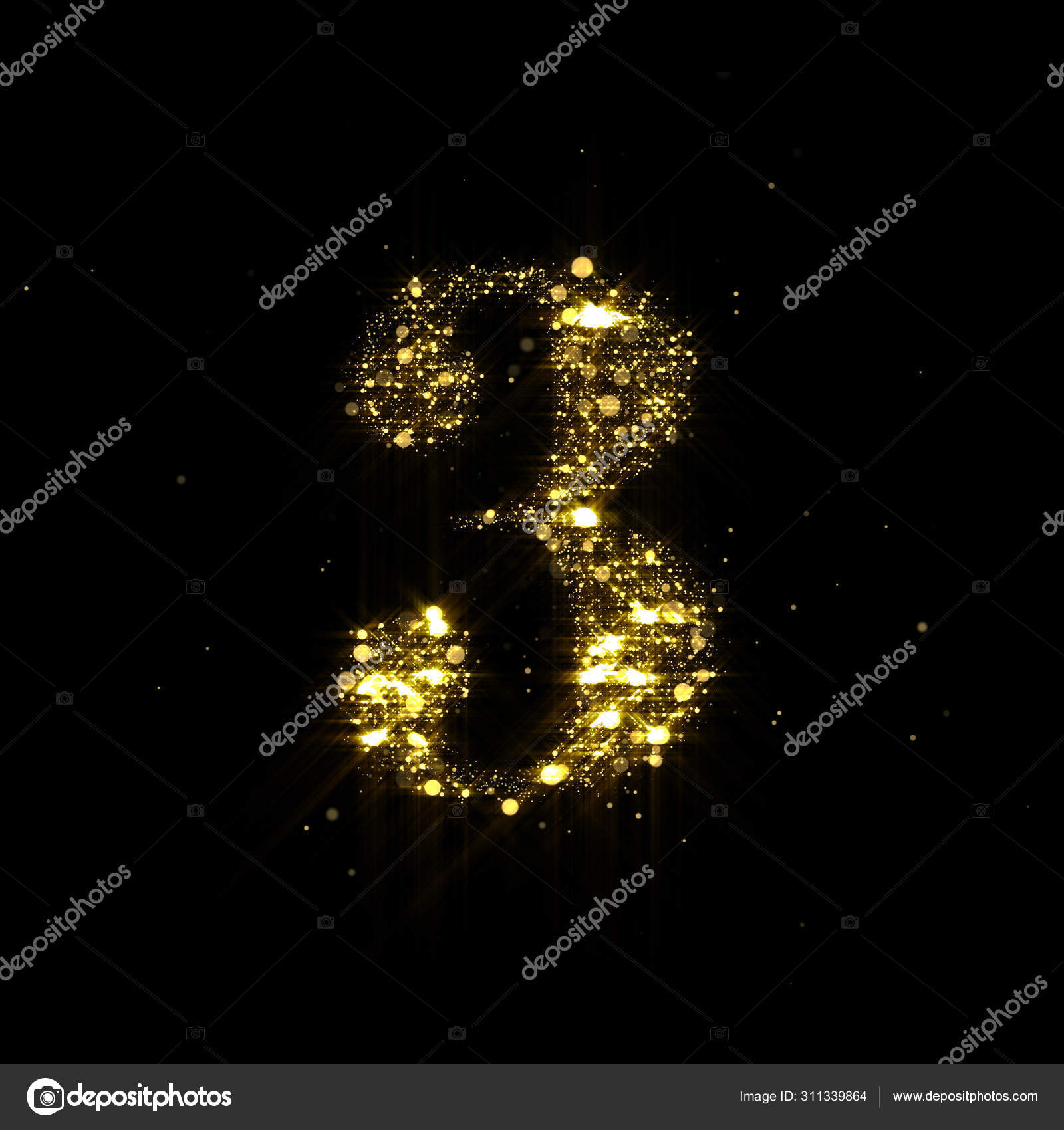 Golden glitter number 3, sparkling gold light and glowing gold