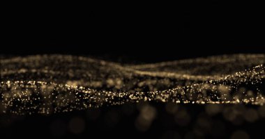 Altın parıltı dalgası, parlak ışık parçacıkları ve parlayan toz akış efekti. Altın bokeh ışığı, parıldayan kıvılcımlar, siyaha vuran dalgalar.