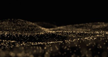 Altın parıltı dalgası, parlak ışık parçacıkları ve parlayan toz akış efekti. Altın bokeh ışığı, parıldayan kıvılcımlar, su sıçratan dalga arka planı