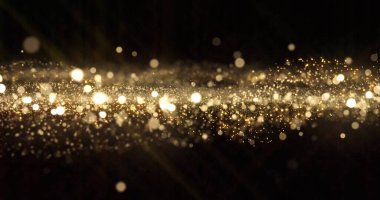 Altın parıldayan parçacıklar, ışık saçan bokeh dalgası ve altın parıldayan ışıltılar etkisini gizler. Altın parıltısı parıldıyor, parıldıyor ışıldıyor, soyut büyülü kar ışığı bulanık dalga