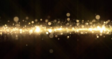 Altın parıltısı, ışık parçacıkları bokeh etkisi, parıldayan sihirli parıltı. Parlak altın parıltıları ve parıldayan ışık, siyah arka planda parlar.