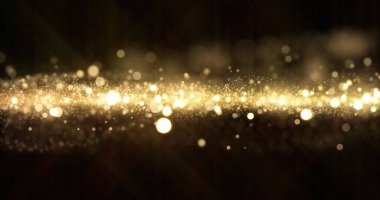 Altın parıltısı, ışık dalgası parçacıkları, siyah arkaplanda parlayan bokeh etkisi. Parlayan altın kıvılcımlar ve parıldayan parlak ışık, parıldayan sihirli parıltı