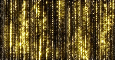 Bokeh ışığı arka planda kıvılcımlar saçan altın renkli parçacıklar. Altın parıltılı perde arkaplanı parlayan sihirli parıltılarla