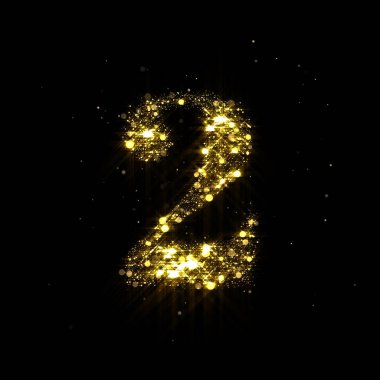 2 numaralı altın parıltı, parlak altın ışık ve parıldayan altın parçacıkları parlayan yazı tipi. Işıldayan pulların iki numarası ve lüks siyah arka planda ışıltılar.