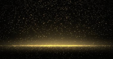 Altın parlayan yağmur, altın parçacıkları parıldayan ışıklar. Bokeh ışığı parıldıyor ve parıldıyor lüks siyah ve altın arka planda