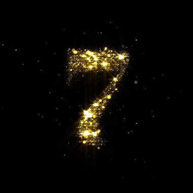 7 numaralı altın parıltı, parlak altın ışık ve parıldayan altın parçacıkları parlayan yazı tipi. Işıldayan pulların ve lüks siyah arka planda parıldayan parıltıların yedinci maddesi