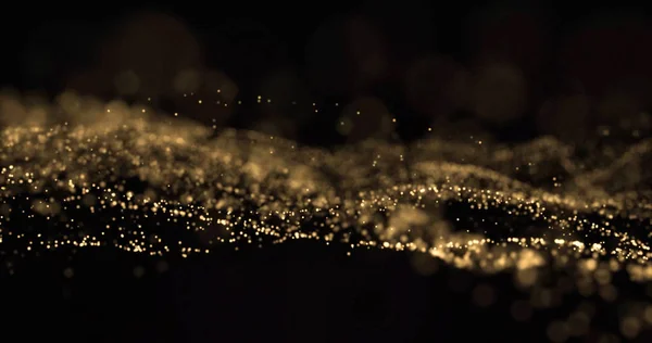 Onda glitter oro, particelle di luce spruzzata con effetto bokeh su sfondo nero. Brillanti scintille d'oro, scintille scintillanti bagliore, scintillio luminoso magico — Foto Stock