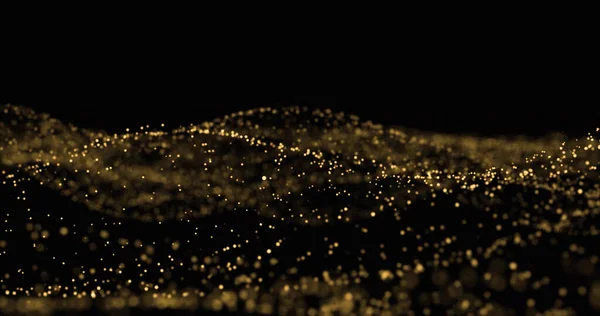 Gouden glittergolf, lichte deeltjes spetteren gloed en bokeh. Gouden vonken licht, sprankelend stof glinsteren achtergrond — Stockfoto