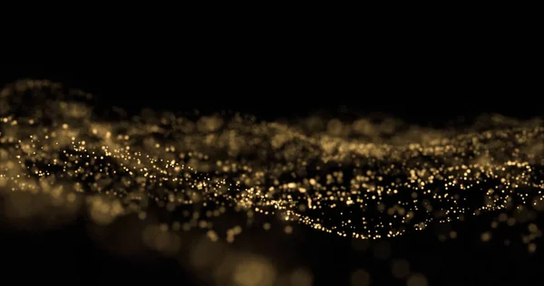 Golden glitter splash, light particles wave, golden sparks glow. Glittering light bokeh on black background, overlay effect — Stock Photo, Image
