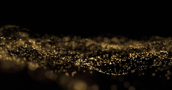 Golden glitter splash, light particles wave, golden sparks glow. Glittering light bokeh on black background, overlay effect