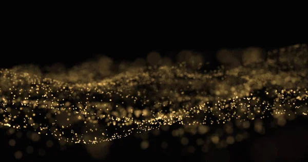 Goldener Glitzerspritzer, Lichtteilchen wellen, goldene Funken leuchten helles Bokeh auf schwarzem Hintergrund — Stockfoto